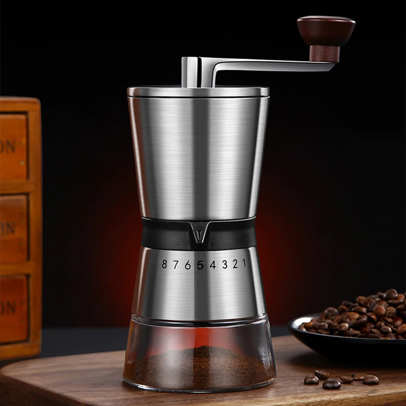 Burr Hand Grinder - 8段階調整可能な手動コーヒーグラインダー、セラミック刃付きハンドコーヒーミル、家庭用ポータブルハンドセラミッククランクツール