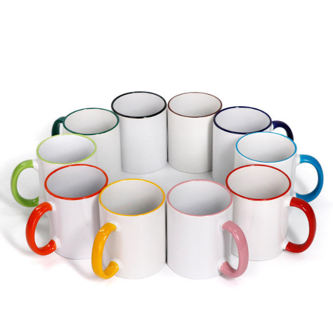 Coffee Tea Images - SCCFMM 3個入り 11オンス セラミック製昇華プリント用マグカップ、カラーハンドル、DIYロゴや画像プリントに最適、コーヒーや紅茶用、発泡箱入り、ミニマルデザイン。